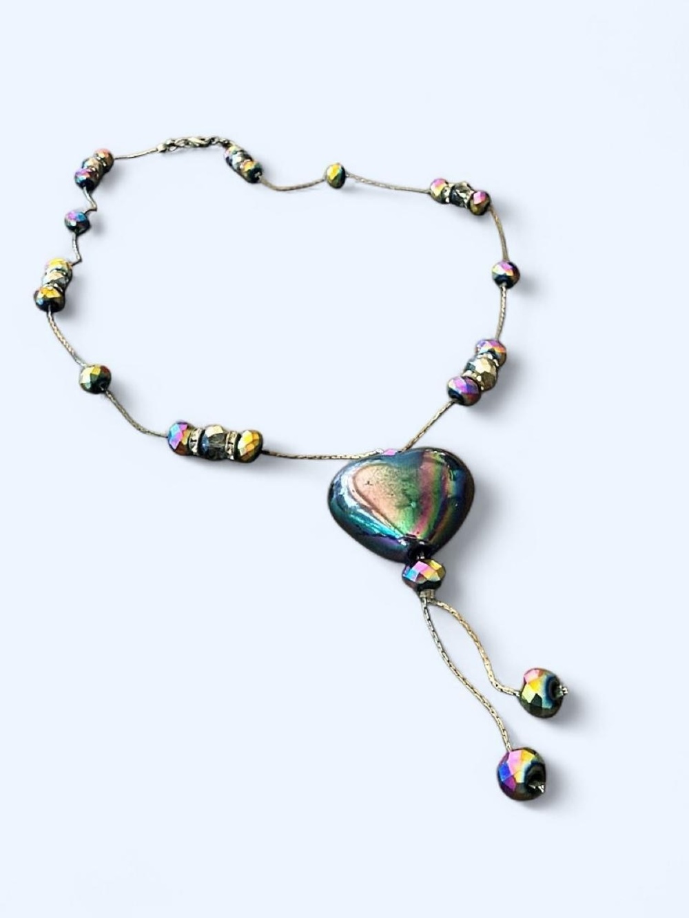 Vintage Iridescent Rainbow Heart Lariat Drop Necklace